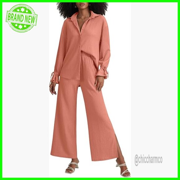 Pants - Long Sleeve Button Down Blouse & Wide Leg Pants Set, Medium